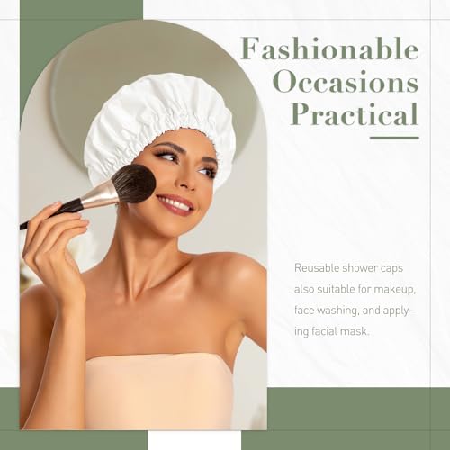 Edoneery Reusable Shower Cap for Women, Large Waterproof Shower Essentials Bonnet Washable Elastic Band Bath Hair Wrap Hat for Long Hair, Braids(White) - Image 2