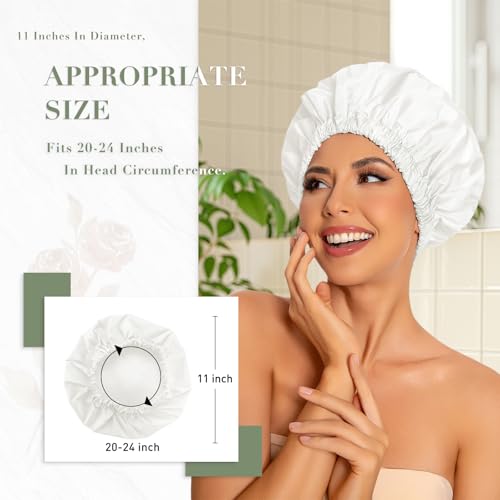 Edoneery Reusable Shower Cap for Women, Large Waterproof Shower Essentials Bonnet Washable Elastic Band Bath Hair Wrap Hat for Long Hair, Braids(White) - Image 3