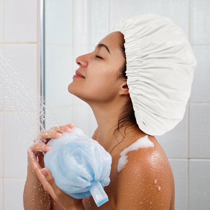 Edoneery Reusable Shower Cap for Women, Large Waterproof Shower Essentials Bonnet Washable Elastic Band Bath Hair Wrap Hat for Long Hair, Braids(White) - Image 4