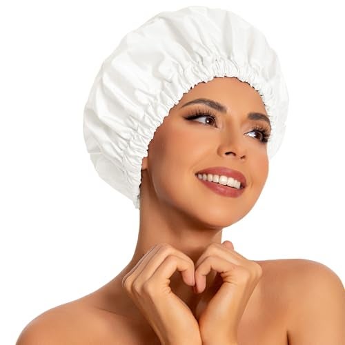 Edoneery Reusable Shower Cap for Women, Large Waterproof Shower Essentials Bonnet Washable Elastic Band Bath Hair Wrap Hat for Long Hair, Braids(White) - Image 1