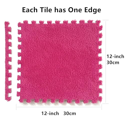 HUIDUO 16 Pcs Kids Interlocking Carpet Tiles with Border,Extra Large Fuzzy Foam Floor Mats Thick Playroom Area Rug - 12" x 12" x 0.4",Hotpink - Image 2