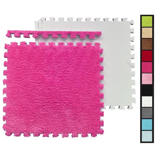 HUIDUO 16 Pcs Kids Interlocking Carpet Tiles with Border,Extra Large Fuzzy Foam Floor Mats Thick Playroom Area Rug - 12" x 12" x 0.4",Hotpink - Image 1