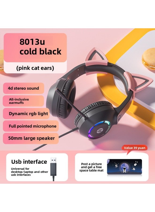 Headset Live Wired Game Desktop Computer Cat Ear Headset Electronic Competition Notebook-Color:Package 3 Plus Milk Tea Color Mouse Pad-cold Black [pink Cat Ears] 4d Stereo  - Image 1