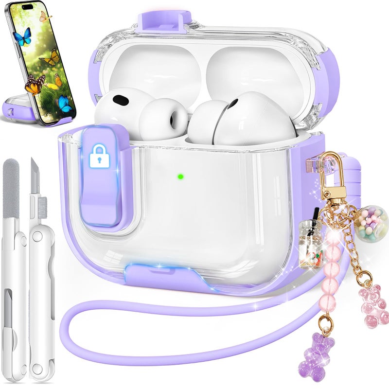 Ekoonpft for Airpods Pro 3 Case 2025, Anti-Yellowing Clear Case for Airpods Pro 3 with Secure Lock & Phone Stand, Soft TPU Drop Protection Cover with Cleaning Kit (Purple) - Image 1