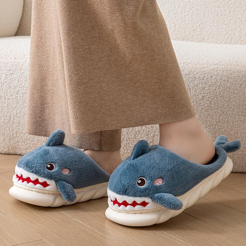YILANLAN Women Men Slippes Cute Animal Shark Slippers Adult Cozy Plush Warm Winter House Slippers (Blue, Adult, Women, 7, Numeric Range, US Footwear Size System, 8, Medium) - Image 2