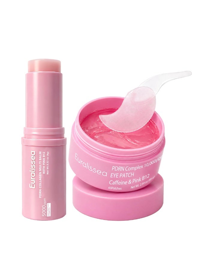 Multi Balm Stick & Eye Patches Set, Pink B12 & Caffeine Under Eye Care, 0.32 Oz Balm + 60 Patches - Image 1