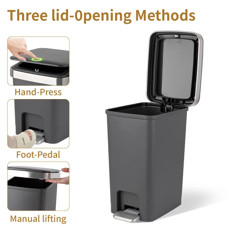 UUJOLY Small Bathroom Trash Can with Lid and 3 Rolls Trash Bags, Step Pedal Wastebasket Plastic Garbage Can with Pop-Up Lid 2.6 Gallon Bin for Kitchen, Bedroom, Office, Dorm, Laundry, Toilet, Rv,Dark Grey - Image 2