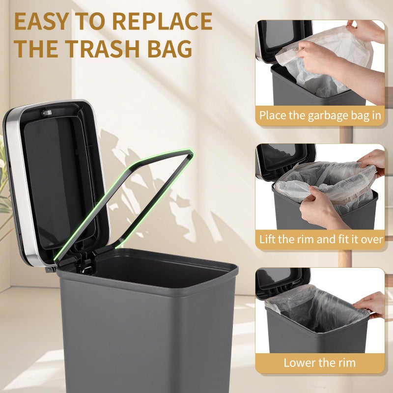 UUJOLY Small Bathroom Trash Can with Lid and 3 Rolls Trash Bags, Step Pedal Wastebasket Plastic Garbage Can with Pop-Up Lid 2.6 Gallon Bin for Kitchen, Bedroom, Office, Dorm, Laundry, Toilet, Rv,Dark Grey - Image 4