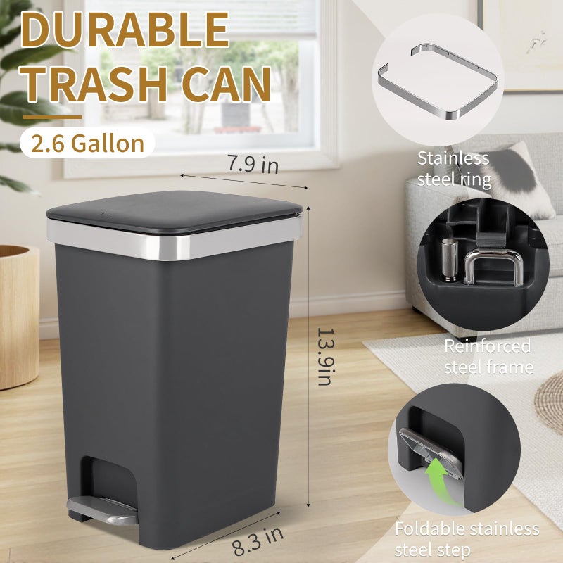 UUJOLY Small Bathroom Trash Can with Lid and 3 Rolls Trash Bags, Step Pedal Wastebasket Plastic Garbage Can with Pop-Up Lid 2.6 Gallon Bin for Kitchen, Bedroom, Office, Dorm, Laundry, Toilet, Rv,Dark Grey - Image 3
