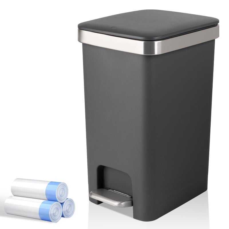 UUJOLY Small Bathroom Trash Can with Lid and 3 Rolls Trash Bags, Step Pedal Wastebasket Plastic Garbage Can with Pop-Up Lid 2.6 Gallon Bin for Kitchen, Bedroom, Office, Dorm, Laundry, Toilet, Rv,Dark Grey - Image 1