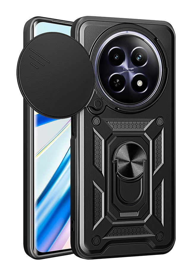 غطاء لـ Realme 12 5G / Realme 12x 5G مع غطاء كاميرا منزلق، مسند، PC+TPU ثنائي الطبقة، أسود - Image 1