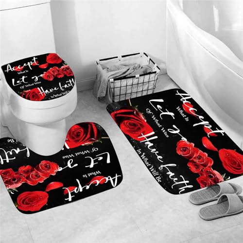Yddsky 4 Pcs Red Rose Shower Curtain Sets with Rugs Black Blessed Bathroom Sets with Shower Curtain and Rugs Bathroom Curtains Shower Set with Toilet Lid Cover for Women Bathroom Decor Accessories - Image 4