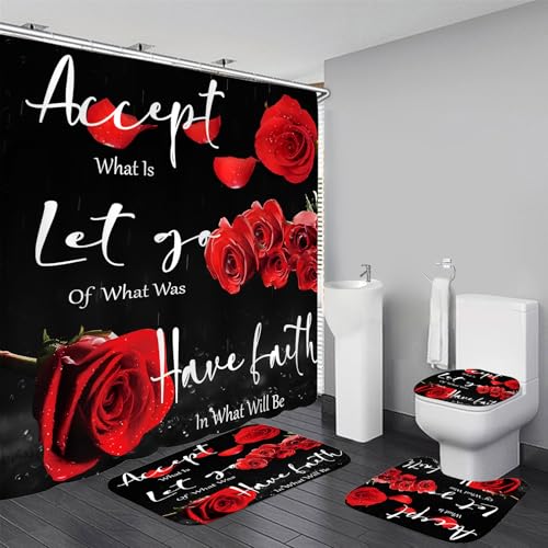 Yddsky 4 Pcs Red Rose Shower Curtain Sets with Rugs Black Blessed Bathroom Sets with Shower Curtain and Rugs Bathroom Curtains Shower Set with Toilet Lid Cover for Women Bathroom Decor Accessories - Image 1