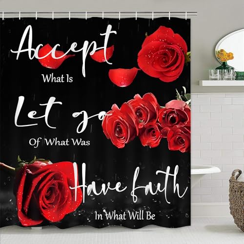 Yddsky 4 Pcs Red Rose Shower Curtain Sets with Rugs Black Blessed Bathroom Sets with Shower Curtain and Rugs Bathroom Curtains Shower Set with Toilet Lid Cover for Women Bathroom Decor Accessories - Image 2