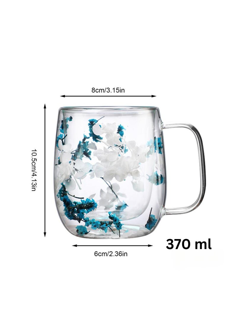Double Walled Glass Mugs,  For Heat Resistant, For Cold And Hot Beverage, with Floral Design, 370 ml