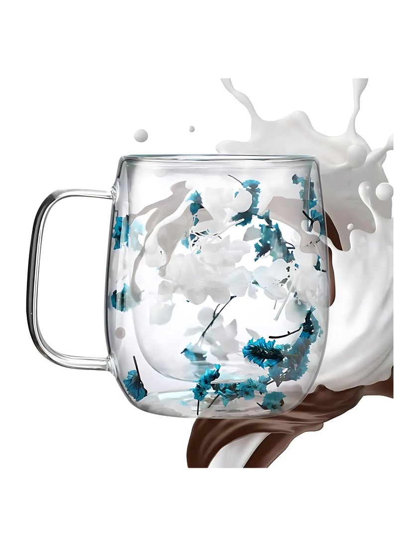 Double Walled Glass Mugs,  For Heat Resistant, For Cold And Hot Beverage, with Floral Design, 370 ml