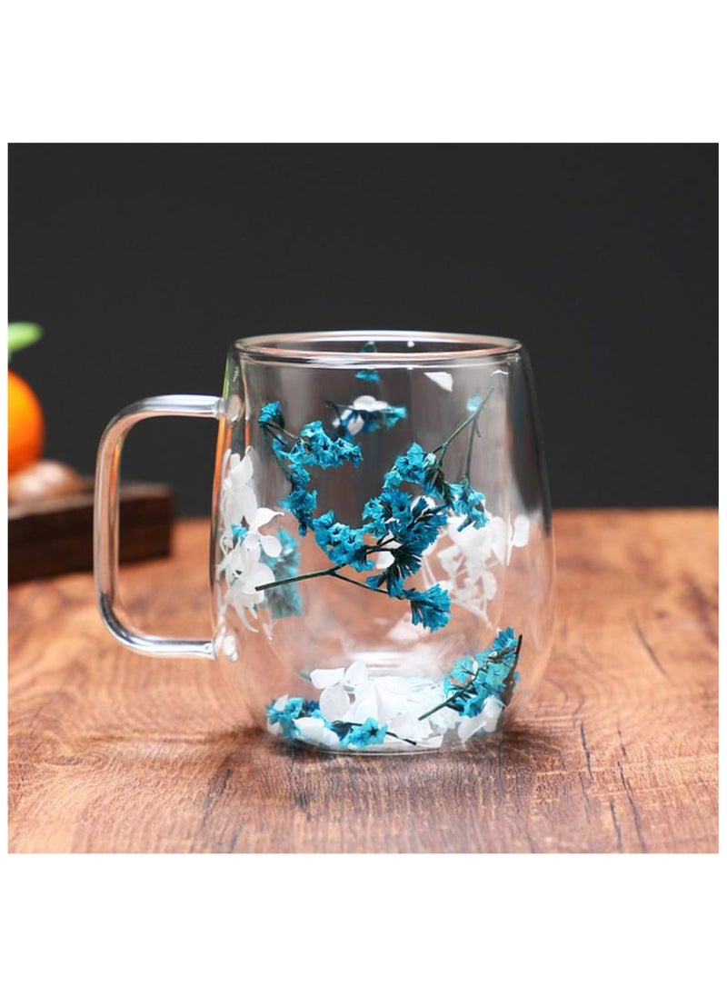 Double Walled Glass Mugs,  For Heat Resistant, For Cold And Hot Beverage, with Floral Design, 370 ml