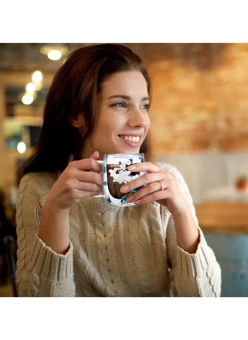 Double Walled Glass Mugs,  For Heat Resistant, For Cold And Hot Beverage, with Floral Design, 370 ml