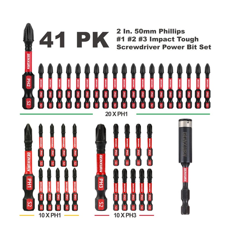GEINXURN Anti-slip Hex Impact Tough Magnetic Screwdriver Bits Set 2 in. PH1/PH2/PH3 Insert Driver Bits,40Pack 1/4 Inch Hex Shank Phillips Cross Screwdriver Bits Set with 1Pcs Impact Bit Holder - Image 2