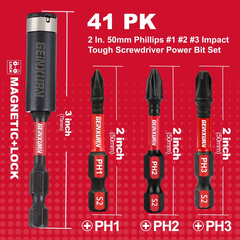 GEINXURN Anti-slip Hex Impact Tough Magnetic Screwdriver Bits Set 2 in. PH1/PH2/PH3 Insert Driver Bits,40Pack 1/4 Inch Hex Shank Phillips Cross Screwdriver Bits Set with 1Pcs Impact Bit Holder - Image 3