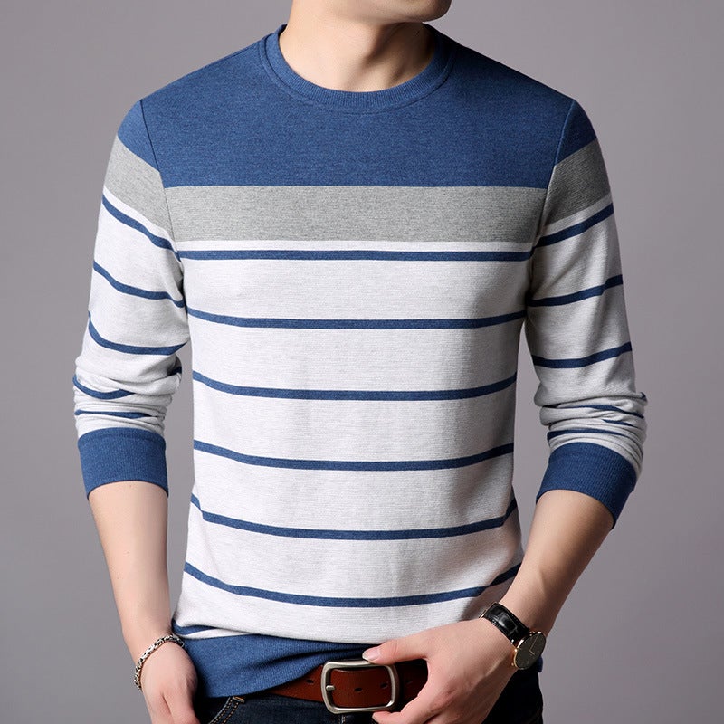 Striped Cotton Long-sleeved T-shirt Men's Round Neck Spring and Autumn New All-match Fashion Trendy Middle-aged and Young Men's Top - Image 1