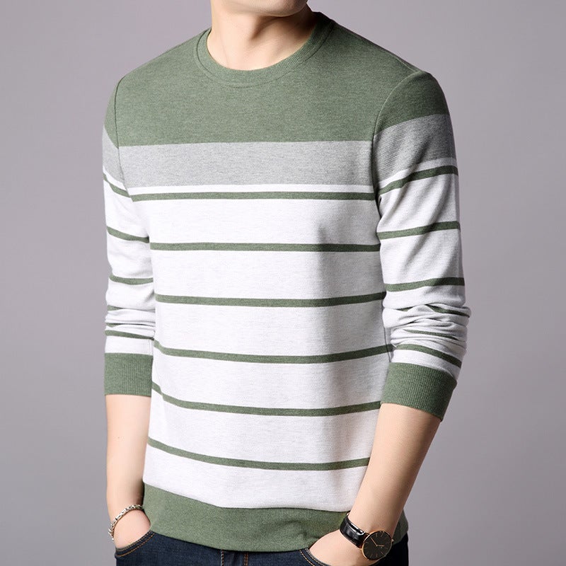 Striped Cotton Long-sleeved T-shirt Men's Round Neck Spring and Autumn New All-match Fashion Trendy Middle-aged and Young Men's Top - Image 3