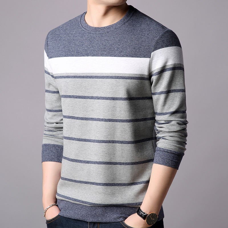 Striped Cotton Long-sleeved T-shirt Men's Round Neck Spring and Autumn New All-match Fashion Trendy Middle-aged and Young Men's Top - Image 2