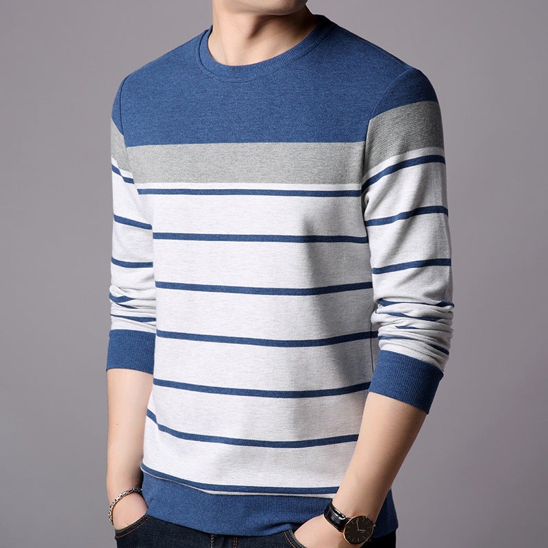Striped Cotton Long-sleeved T-shirt Men's Round Neck Spring and Autumn New All-match Fashion Trendy Middle-aged and Young Men's Top - Image 4