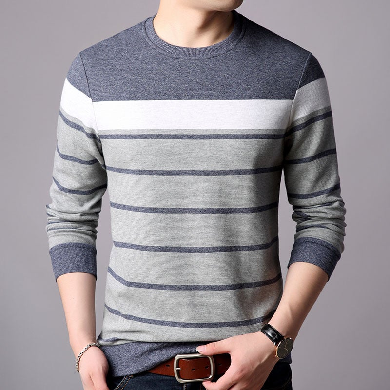 Striped Cotton Long-sleeved T-shirt Men's Round Neck Spring and Autumn New All-match Fashion Trendy Middle-aged and Young Men's Top - Image 5