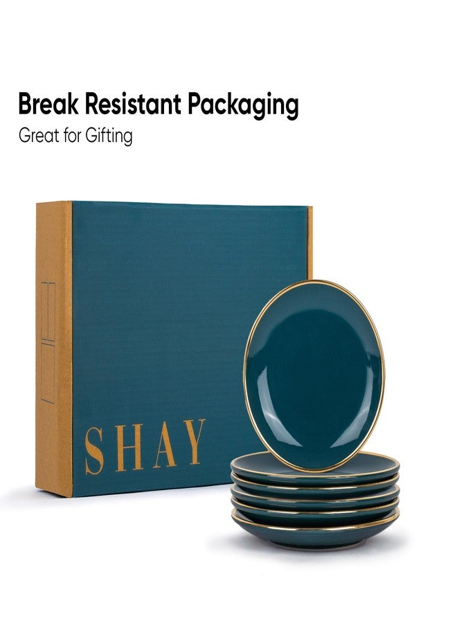 Shay طقم أطباق شاي سيراميك ربعية، 6 قطع، سلسلة جولدلاين باللونين الأزرق المخضر والذهبي | لمسة نهائية لامعة | طقم أطباق للوجبات الخفيفة، 6 قطع | أطباق للحلويات | طبق للوجبات الخفيفة | أطباق صغيرة (أطباق ربعية - أزرق مخضر وذهبي) - Image 4