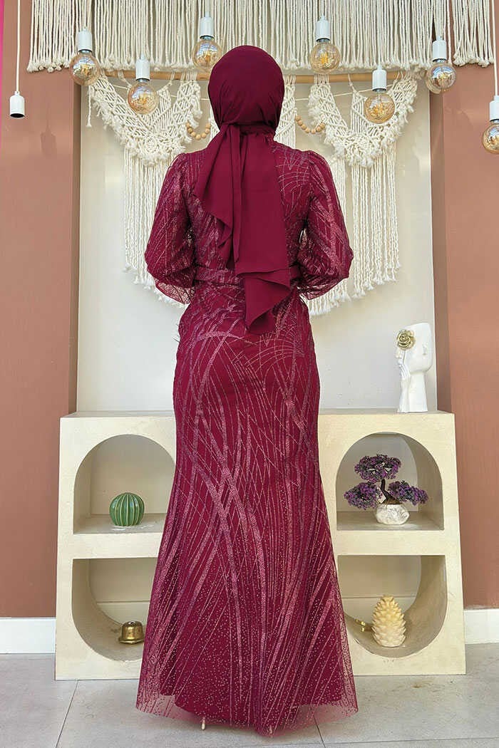 Bym Fashion Patterned Waist Belted Fish Evening Dress 1139 Claret Red - Image 3