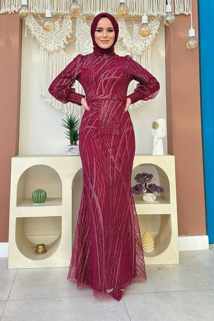 Bym Fashion Patterned Waist Belted Fish Evening Dress 1139 Claret Red - Image 1