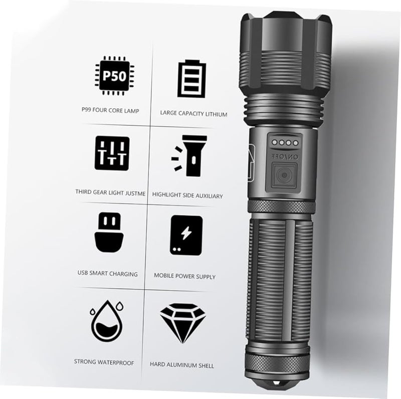 مصباح يدوي زوم قابل لإعادة الشحن، مصنوع من سبائك الألومنيوم، بإضاءة LED ساطعة، مزود بشاحن USB، للإسعافات الأولية والاستخدام الخارجي - Image 4