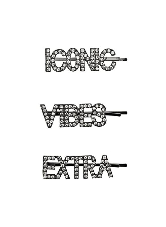 Lux Accessories Set (3Pc) Iconic Vibes Extra Words Clear Crystal Rhinestones Hem Black Hair Pins - Image 2