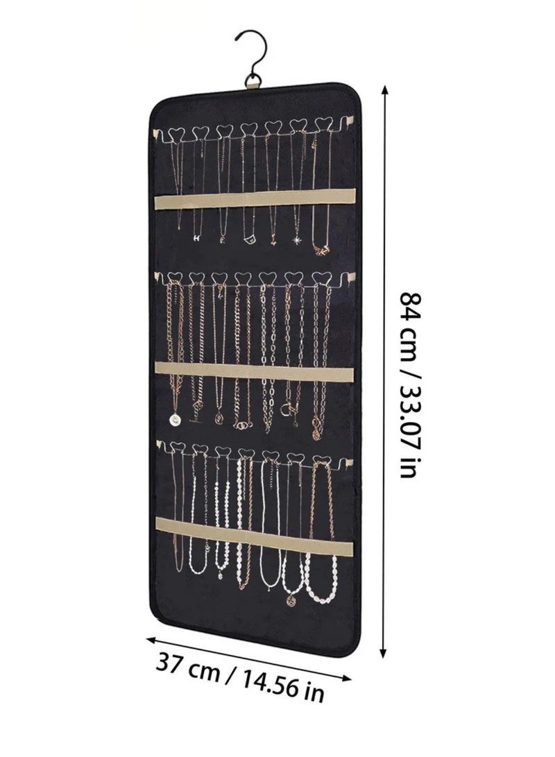Hanging Jewelry Storage Roll with Metal Hooks, Double-Sided Jewelry Holder ，Jewelry Box， Jewellery Box，The organizer of necklaces, earrings and rings ,Hanging on Closet, Wall, Door, 1 piece, Large, Black - Image 3