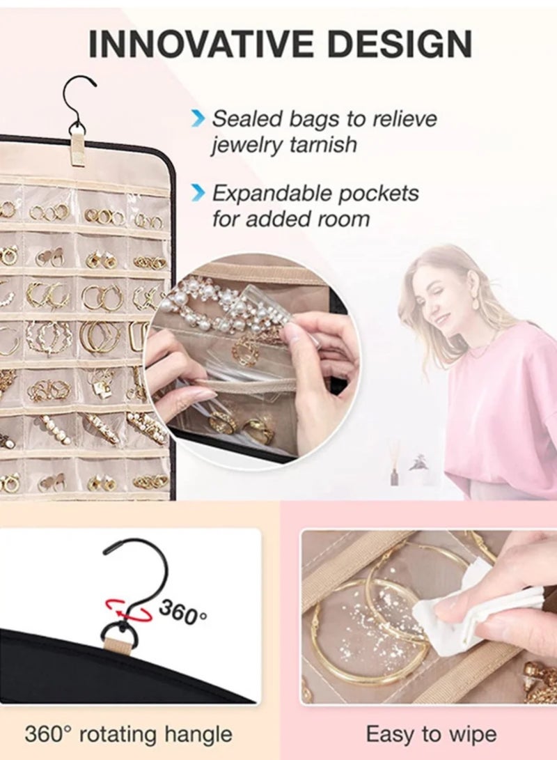 Hanging Jewelry Storage Roll with Metal Hooks, Double-Sided Jewelry Holder ，Jewelry Box， Jewellery Box，The organizer of necklaces, earrings and rings ,Hanging on Closet, Wall, Door, 1 piece, Large, Black - Image 4