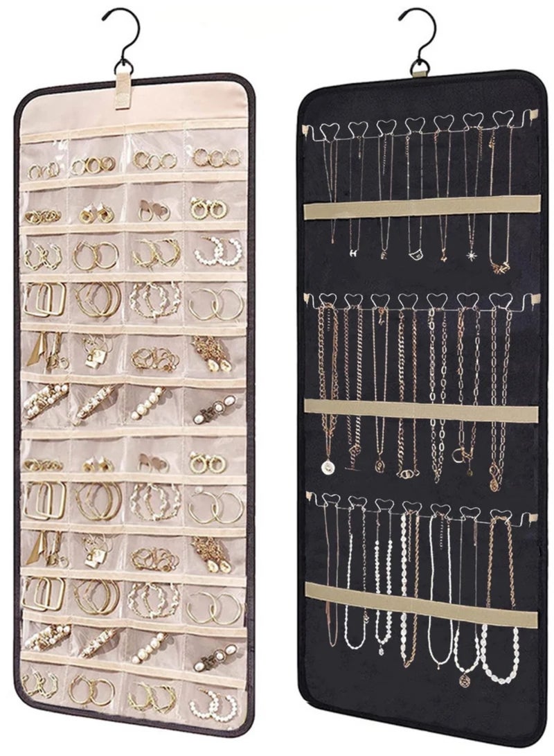 Hanging Jewelry Storage Roll with Metal Hooks, Double-Sided Jewelry Holder ，Jewelry Box， Jewellery Box，The organizer of necklaces, earrings and rings ,Hanging on Closet, Wall, Door, 1 piece, Large, Black - Image 1