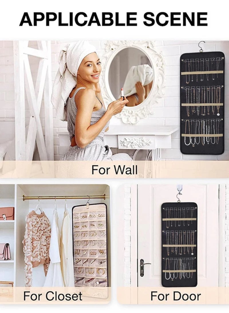Hanging Jewelry Storage Roll with Metal Hooks, Double-Sided Jewelry Holder ，Jewelry Box， Jewellery Box，The organizer of necklaces, earrings and rings ,Hanging on Closet, Wall, Door, 1 piece, Large, Black - Image 5