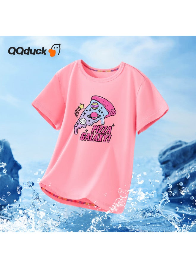 Qq Duck Children's Clothing T-shirt For Boys And Girls, Summer Student Wear, Purple Pizza Cherry Blossom Pink; Size 130