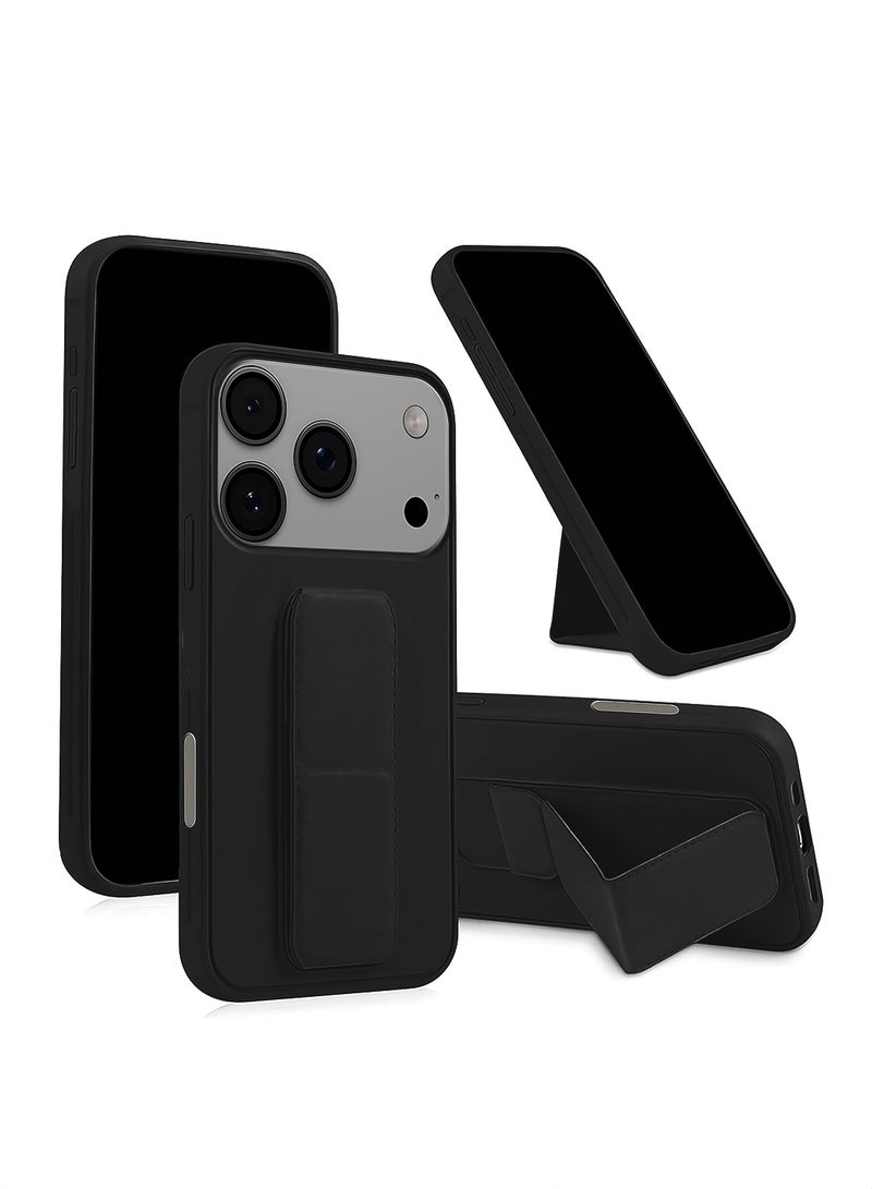 Wtech Apple iPhone 17 Pro 5G 2025 Hand Grip Foldable Magnetic Kickstand Wrist Strap Finger Grip with Built-in Iron Case Cover (MCGHSN) - Black - Image 1