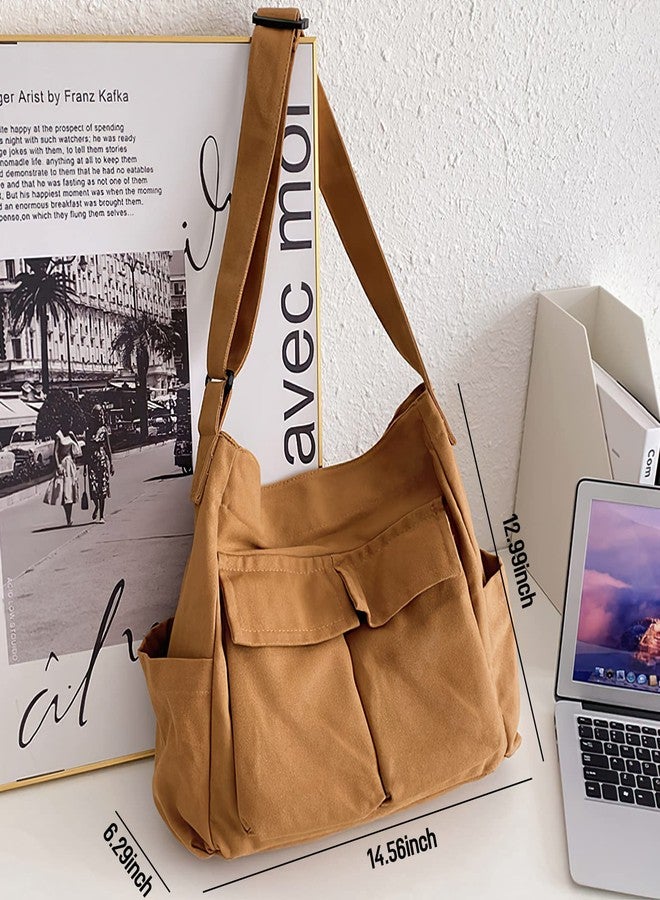 LassZone Canvas Messenger Bag Large Crossbody Bag Hobo Shoulder Handbags Multi Pocket Denim Tote Bag for Women and Men - Image 3