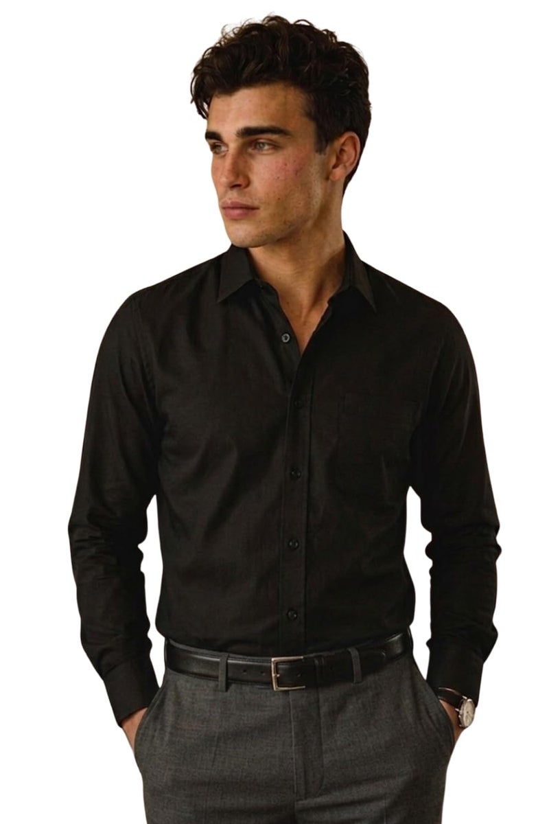 LOUIS PHILIPPE قميص لويس فيليب للرجال من القطن بلون موحد بقصة ضيقة (LPSFMSLFN77685_Black, 44) - Image 1