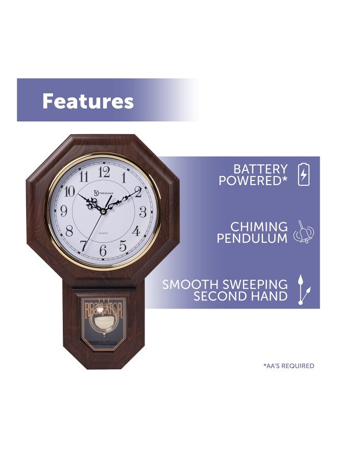 Timekeeper Essex Faux Wood Traditional Schoolhouse Pendulum Wall Clock For Home And Office Westminster Chime 17.5 X 11.25 Walnut - Image 3