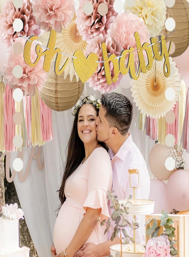 FETETIJD Dusty Rose Boho Pink Baby Shower Decorations for Girl Champagne Brown Neutral Oh Baby Shower Decorations Beige and Pink Gender Reveal Party Decor with Tissue Paper Pom Poms Cream Boho Tassel Garland - Image 2