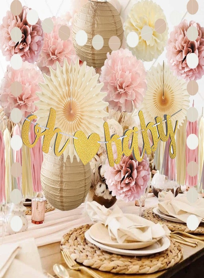 FETETIJD Dusty Rose Boho Pink Baby Shower Decorations for Girl Champagne Brown Neutral Oh Baby Shower Decorations Beige and Pink Gender Reveal Party Decor with Tissue Paper Pom Poms Cream Boho Tassel Garland - Image 5