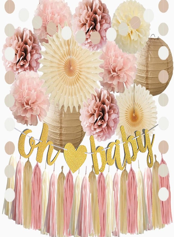 FETETIJD Dusty Rose Boho Pink Baby Shower Decorations for Girl Champagne Brown Neutral Oh Baby Shower Decorations Beige and Pink Gender Reveal Party Decor with Tissue Paper Pom Poms Cream Boho Tassel Garland - Image 1