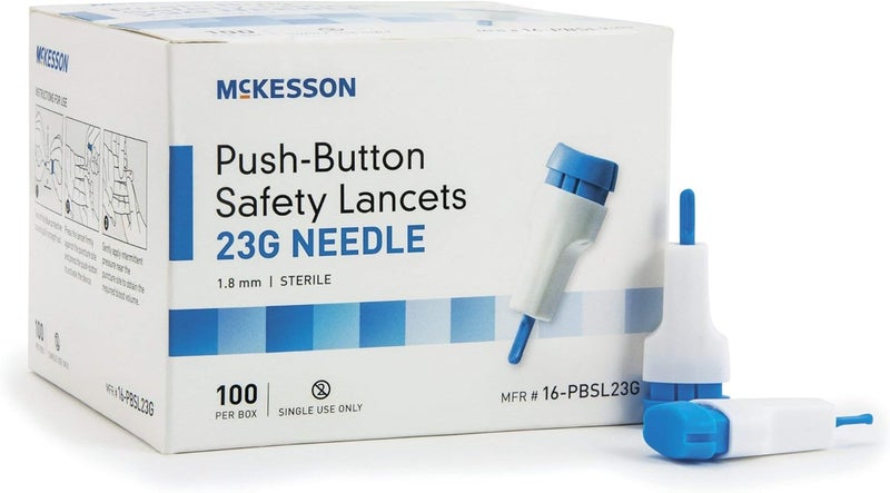 McKesson Lancet, Push-Button Safety, Blue, Depth Settings - 1.8 Mm Depth, 100per Box, 12 Oz 23 G