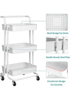 Concept home 3-Tier Rolling Shelves Metal Cart Organizer White  - Image 3