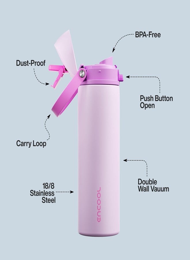 ENCOOL Insulated Water Bottle with Straw - Encool Stainless Steel Water Bottle with Push Button Lid, Leak-Proof & BPA-Free, Keeps Cold for 24 Hours for Sports, Travel, Gym (24 oz, Thistle-Fuchsia) - Image 4