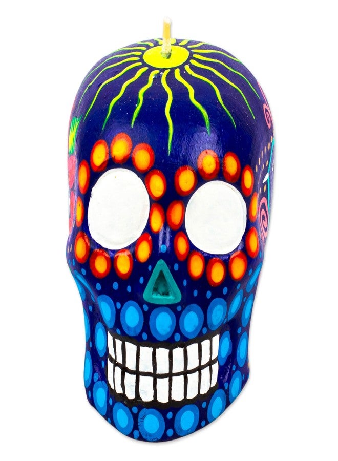 NOVICA Artisan Handmade Candle Painted Mexican Day of The Dead Purple Skull Multicolor Paraffin Mexico Lamps Lighting Candles Folk Art Floral [3.5in H x 3.5in W x 4.3in D] ' Colorful Purple Skull' - Image 1